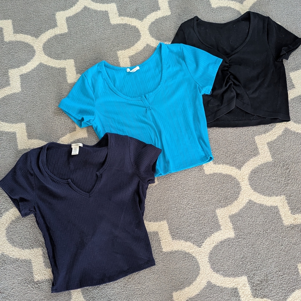 Set of Three Ribbed Crop Tops - Black, Blue, and Navy